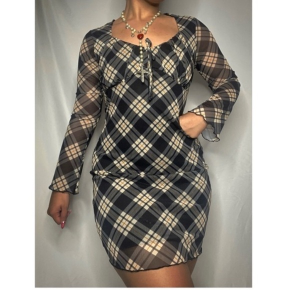 Primark Y2K Plaid Bodycon Mesh Mini Dress Empire Waist Flare Sleeves Size 4 - Picture 1 of 11
